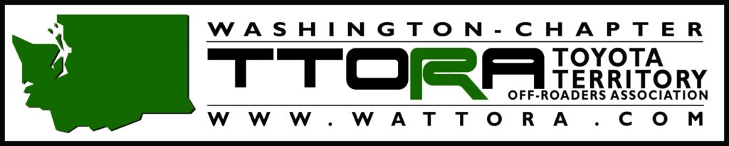 WATTORA logo: green outline of Washington State, Washington Chapter of TTORA, Toyota Territory Off-Roaders Association, wattora.com